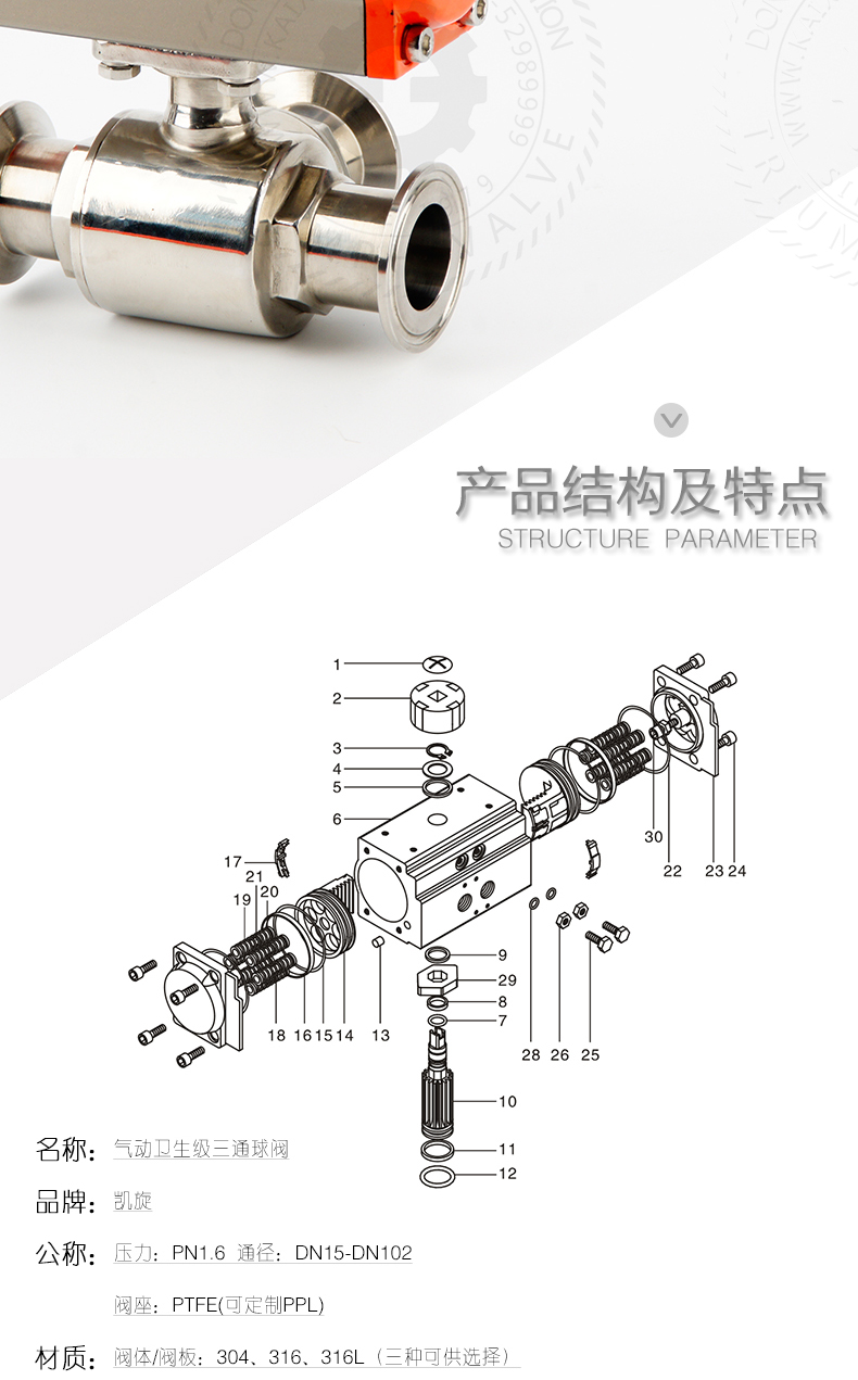 Q684F/5F-16PQ684F/5F-16P快装卫生级气动球阀T型 L型卡箍式食品级